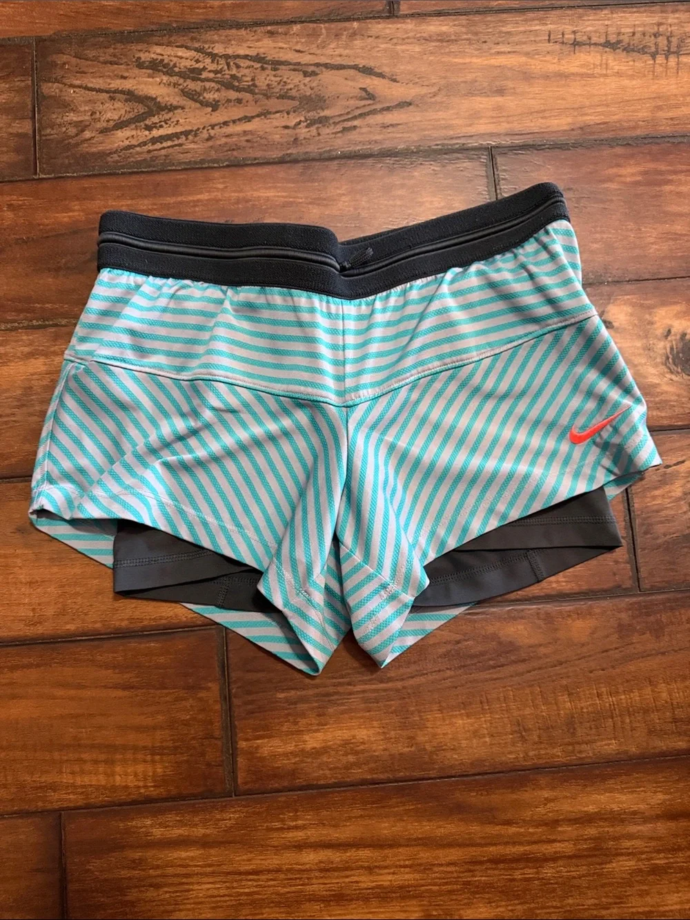 Nike Teal and Gray Striped Running Shorts with Attached Charcoal Bikers